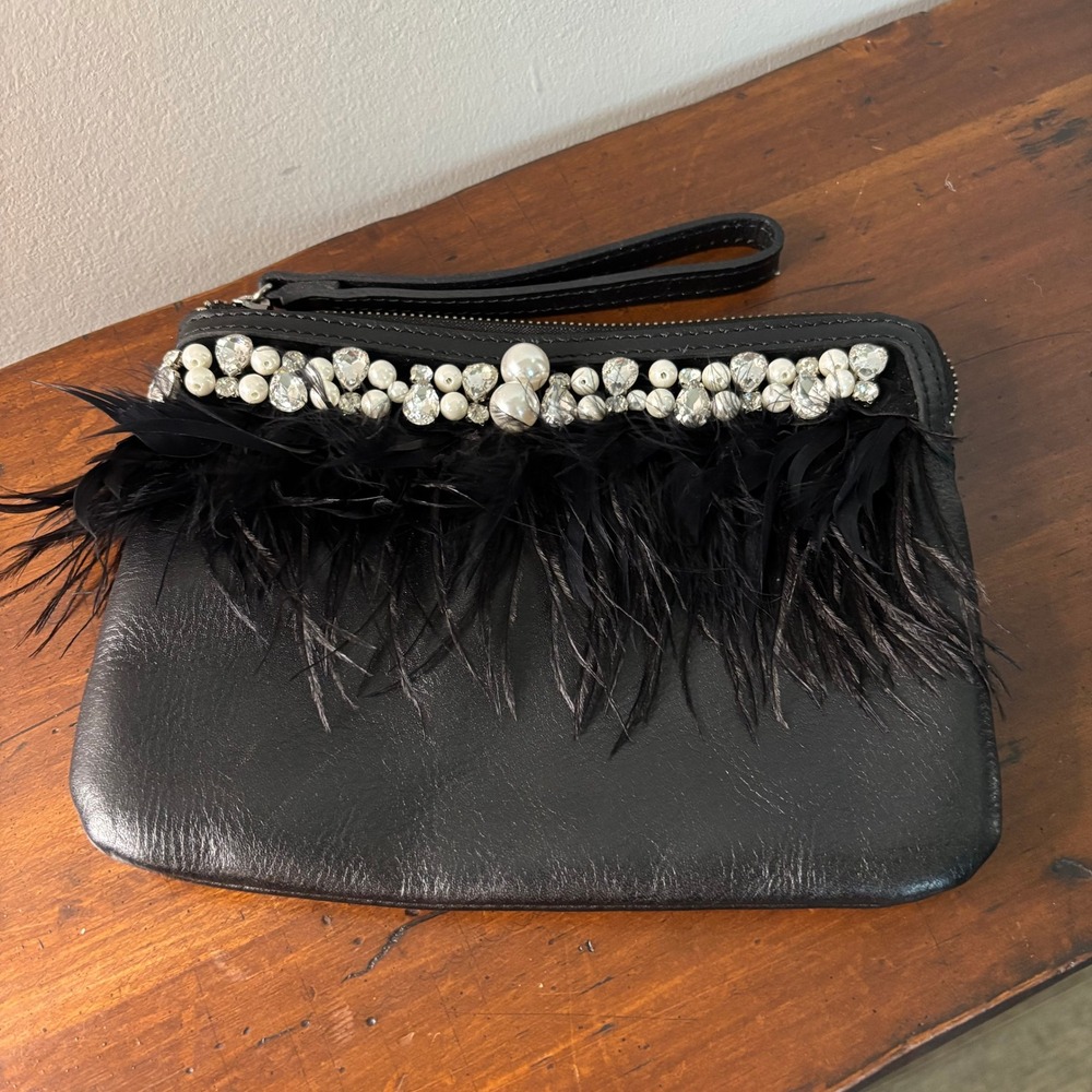 Patricia Nash Black Leather Feather Pearl Crystal Embellished Glam Wristlet